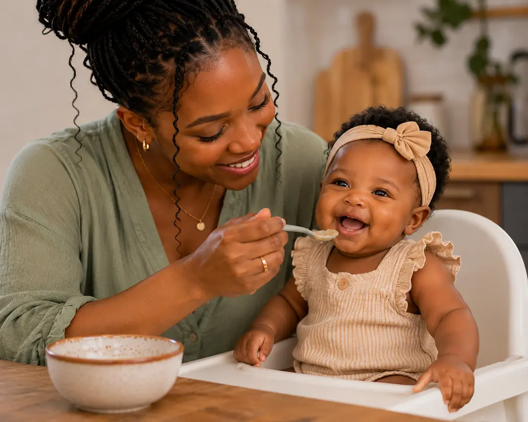 Mother feeding baby with guide